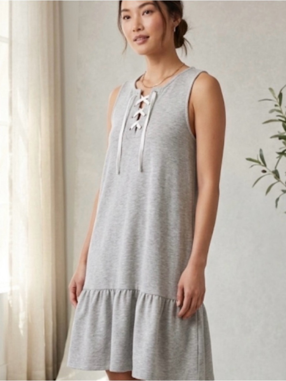 NWT Caslon Heather Grey Lace-Up Ruffle Hem Sleeveless Dress XS
